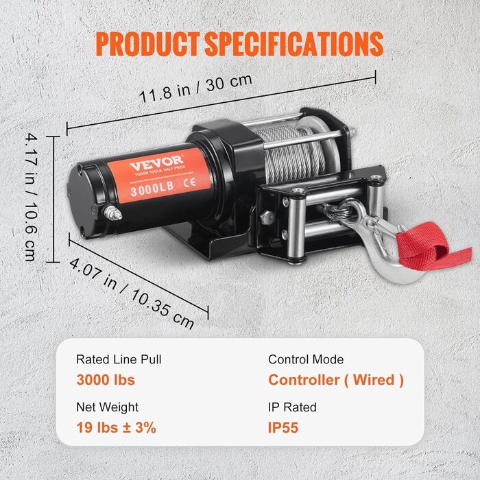 Електрична лебідка VEVOR 12 В 2000 фунтів/907 кг Лебідка для позашляхового двигуна Тросовий шків Електрична лебідка Сталевий трос з дротовим пультом дистанційного керування Чорний ідеально підходить для середніх великих позашляховиків, вантажівок і навіть