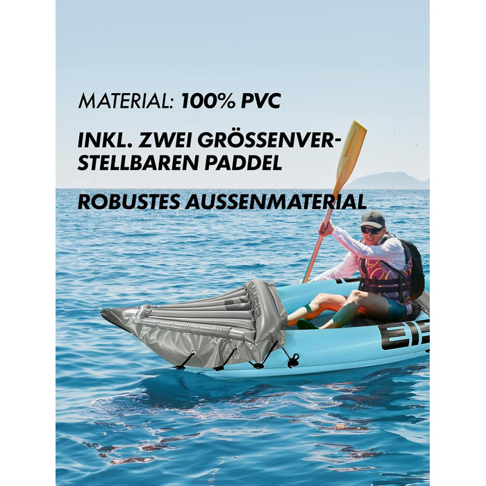 Надувний каяк Flow для 2 осіб міцний ПВХ-матеріал, включає два весла, насос, ремкомплект та інструкцію зі складання ідеально підходить для озер та річок, синього кольору
