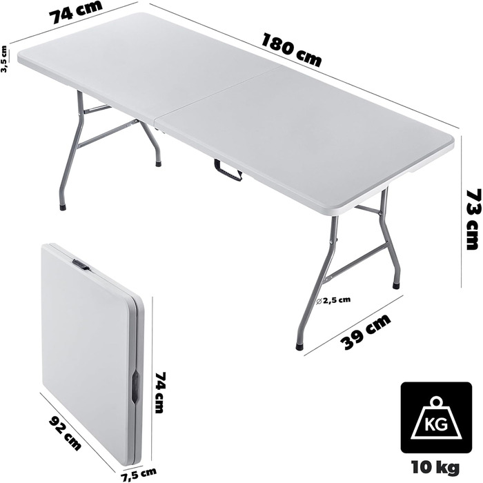 Складаний садовий стіл KADAX 180 x 74 x 73 см, водонепроникний складний стіл, стіл для вечірок у саду, на патіо та на балконі, міцний фуршетний стіл, кемпінговий стіл (білий)