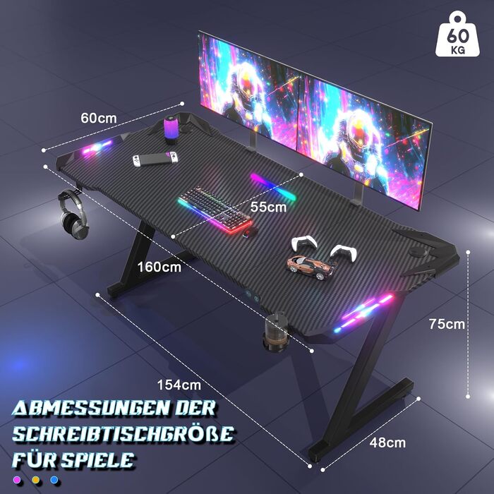 Ігровий стіл JUMMICO 160 x 60 см з RGB LED-підсвіткою
