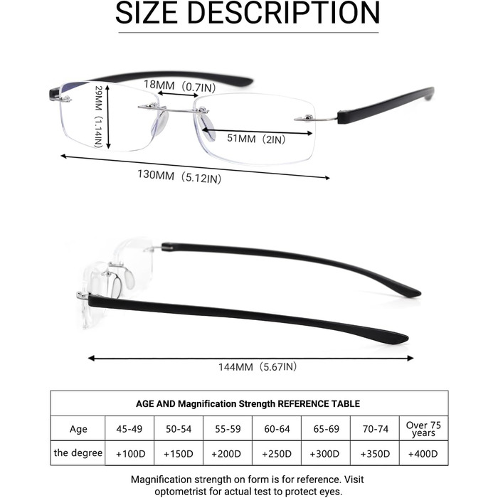 Окуляри для читання без оправи для чоловіків, Окуляри для читання Фільтр синього світла Ультралегкий, Невбивний безрамковий посібник для читання, Комп'ютерні окуляри для читання чоловіки чорні 3.0 x, 2 Pack