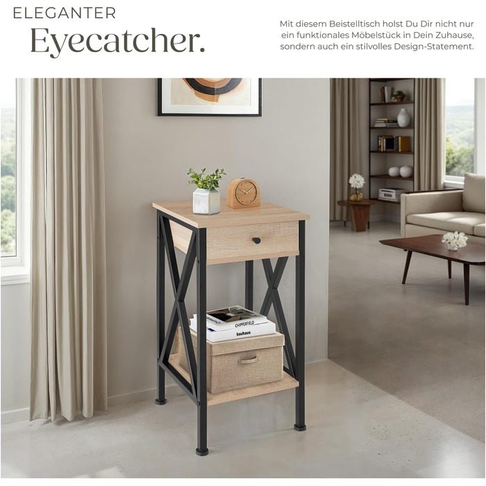 Промислові меблі tectake, Журнальний столик з шухлядою, Журнальний столик з полицями, Вузька тумбочка, Декор для спальні, 35 x 35 x 70,5 см, Меблі для вітальні - Світла промислова деревина, Дуб Сонома Дейтон