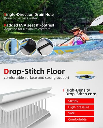 Надувний каяк Abahub 320 см/420 см з веслом для каяка, сидінням для каяка, підставкою для ніг, ручним насосом та сумкою для каякінгу, каное, надувний човен 1/2 сидіння 320/420x89x23 см світло-блакитний 1 сидіння 320 см