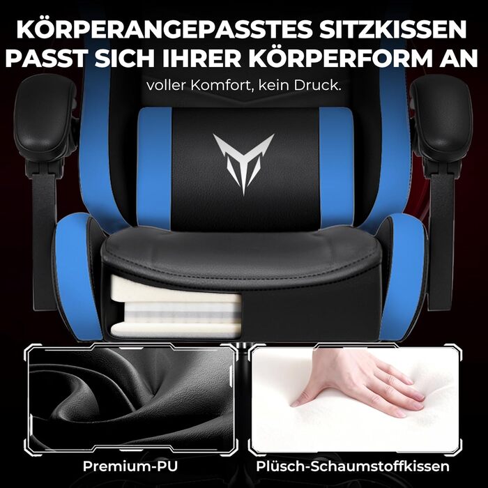 Ігрове крісло GTPLAYER, ергономічне офісне крісло з регульованим підголівником та поперековою опорою, ігрове крісло, синє