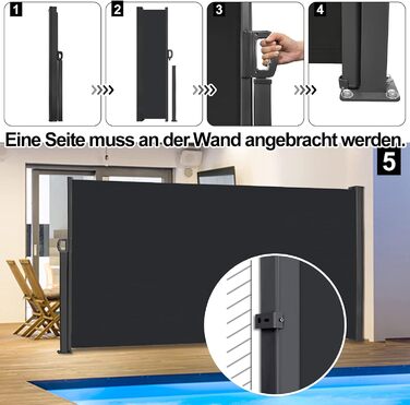 Бічний тент Aufun з алюмінію 200 x 300 см, розсувний непрозорий сонцезахисний тент з настінним кріпленням для балкону, тераси, саду - антрацитовий 200x300 см