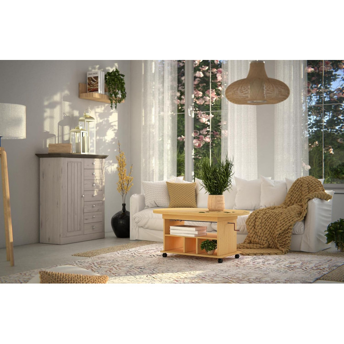 Функціональний журнальний столик Babsi, дерев&39яний матеріал з меламіновим покриттям, бук, регульована висота 53-63 см, розсувний 107-157 см, на колесах