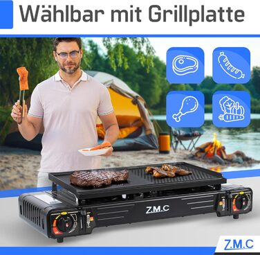 Туристична плита ZMC Premium з 2 конфорками, 2,5 кВт, п&39єзоелектричним запалюванням та футляром для перенесення Подвійна газова плита для використання на вулиці, балконі та в приміщенні Комплект газової плити (додатково) включає пластину для гриля 45x24