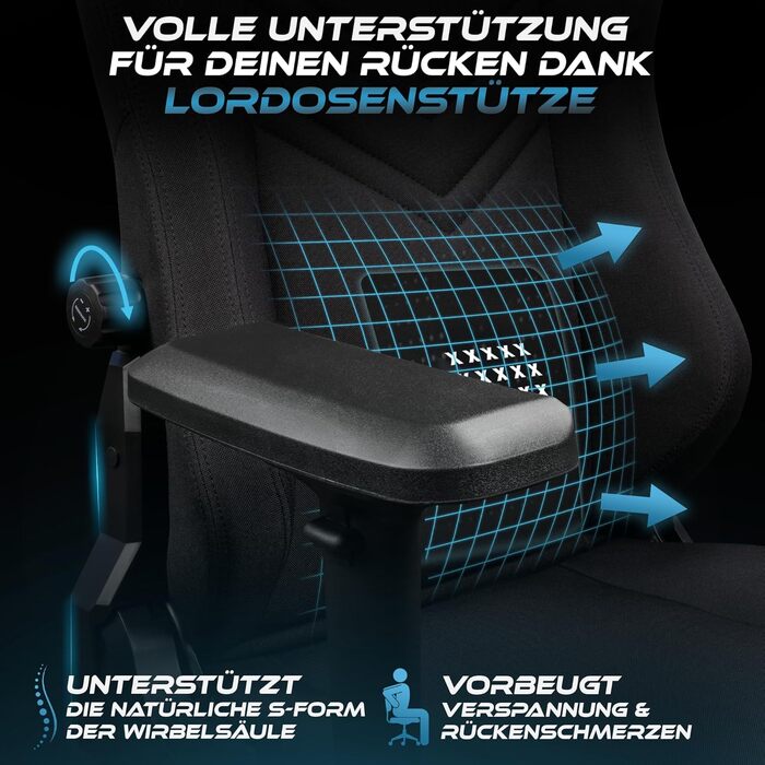 Ергономічне ігрове крісло Ultimatrix FURY ПЕРЕМОЖЕЦЬ ТЕСТУ Інтегрована поперекова підтримка, 4D підлокітники, дихаюча тканина, підставка для ніг, ігрове крісло з холодної піни, вантажопідйомність 150 кг, офісне крісло (чорне)