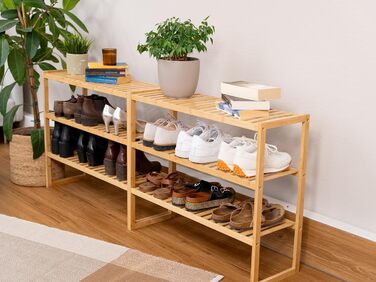 Бамбукова полиця для взуття, штабелювана полиця для ванної кімнати та кухні, натуральне покриття, 3-рівнева полиця з системою вставок, компактна, розміри Ш/Г 75x26x62 см