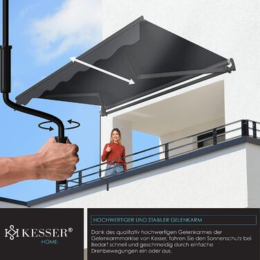 Складаний тент KESSER 300 x 250 см Затискач для тенту для патіо Сонцезахисний тент з настінним кронштейном Сонцезахисний балконний тент Водовідштовхувальний алюміній/поліестер, антрацит 300 x 250 см Антрацит