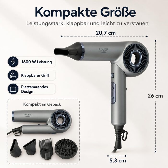 Іонізуючий складаний фен ADLER EUROPE 1600 Вт, 110 000 об/хв, Anti-Frizz