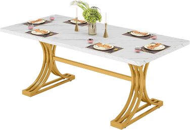 Сучасний обідній стіл Tribesigns 160 x 80 см для 4-6 осіб, кухонний стіл зі стільницею зі штучного мармуру, міцний металевий каркас (білий та золотий) білий / золотий