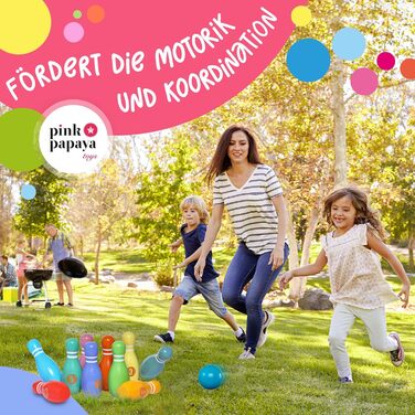 Дитячий боулінг з рожевою папайєю XL - набір з 12 предметів, іграшка для гри в боулінг на вулиці та в приміщенні, виготовлена з деревини, сертифікованої FSC, навчає та сприяє розвитку вашої дитини Classic XL