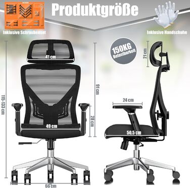 Ергономічне офісне крісло KESSER з регульованими підлокітниками Обертове крісло з поперековою опорою Зручне для спини письмове крісло з підголівником Офісне крісло з функцією нахилу до 125 та 5 гумовими колесами, чорне/сріблясте