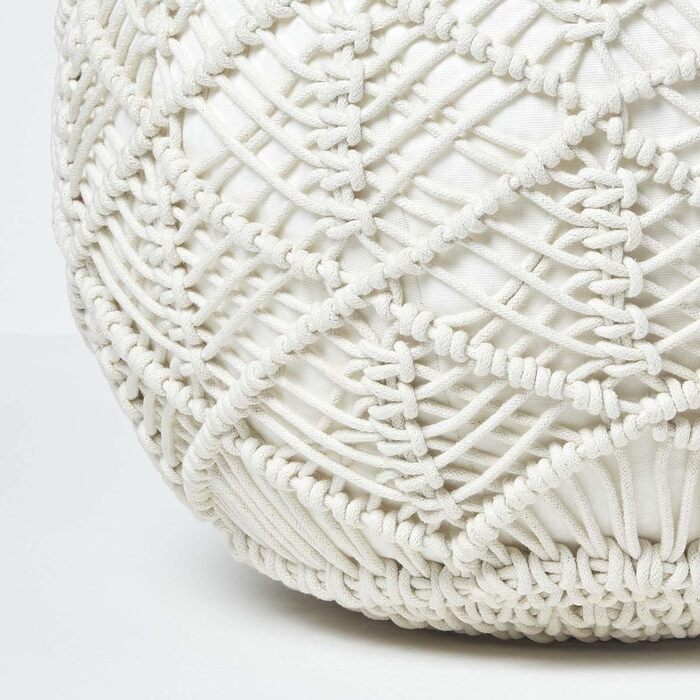Пуф Homescapes Crochet Pouf, натуральний, кругла підлогова подушка 35 x 40 см у стилі бохо, декоративна підставка для ніг у стилі макраме, в&39язаний гачком пуф зі 100 бавовни, в&39язаний гачком пуф/в&39язаний табурет 35 x 40 см натуральний