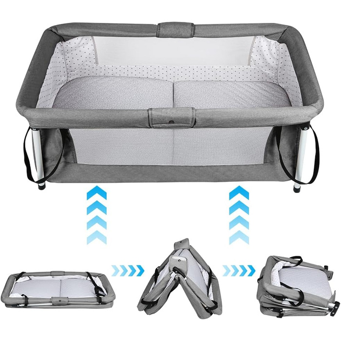 Дитяче ліжечко Homewell Baby Travel Cot, складне дитяче ліжечко з матрацом, портативний намет-ліжечко, оснащений москітною сіткою та іграшками, 90 x 50 см (у зібраному вигляді) / 45 x 50 см (складене) (сірий)