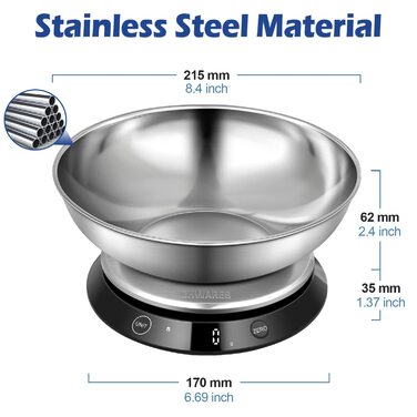 Цифрові кухонні ваги, USB зарядка з нержавіючої сталі зі знімною чашею на 1,4 л, кабель для зарядки, 1г-5кг/11фунтів, функція тари