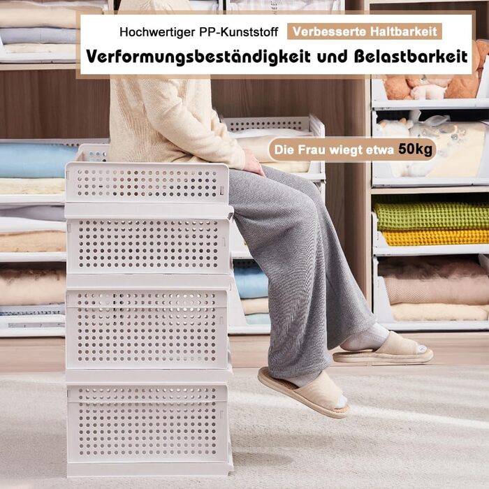 Набір із 5 високих ящиків для зберігання, білі штабелювані органайзери для гардеробу, складні полиці для зберігання, штабелювані ящики для шафи, пластикові ящики для зберігання 42 x 33 x 25 см, 5 шт. XL