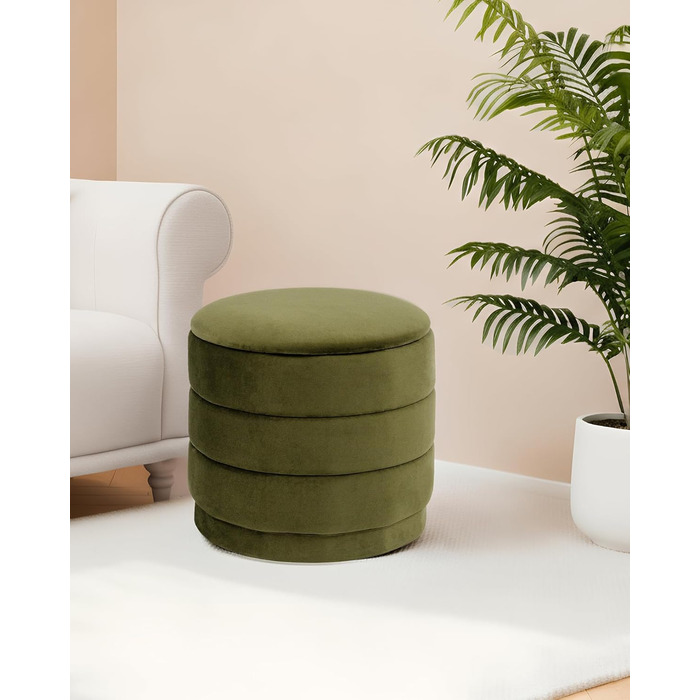 Круглий пуф Bonlife з кришкою, складна підставка для ніг зі столиком, пуф для вітальні, спальні, коридору, оливковий оксамит, 39x39x37 см 39 см оливковий