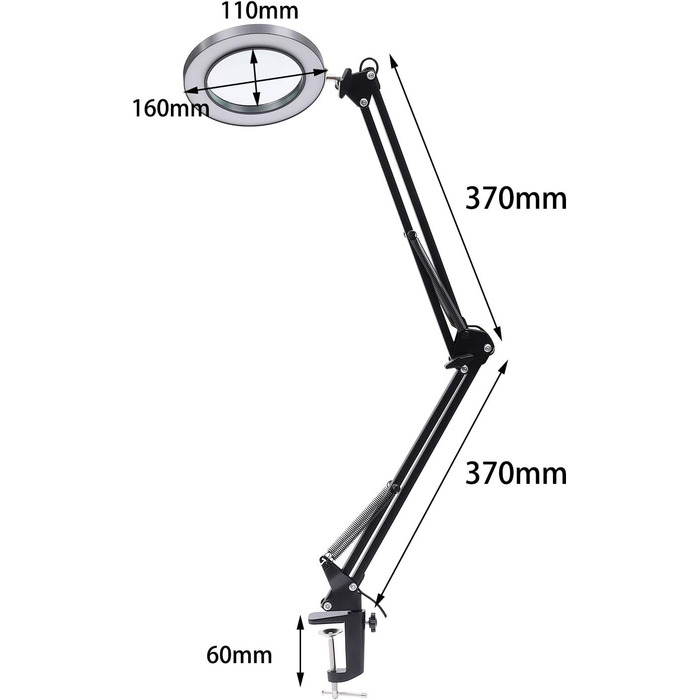 Нова лампа зі світлодіодною лупою зі спалахом, 5-кратна лампа-лупа з настільною лампою з затискною лупою, 3 колірні режими та 10 яскравість із регулюванням яскравості, живлення від USB, регульований металевий поворотний кронштейн 370 мм (чорний, 12 Вт)