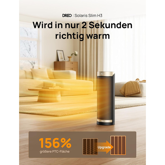 Енергозберігаючий вентилятор-обігрівач Dreo, керамічний PTC нагрівач, тихий, коливальний електричний обігрівач 70 з пультом дистанційного керування, 12-годинний таймер, 3 режими, 3 швидкості, захист від перегріву та перекидання, Solaris Slim H3 Standard G
