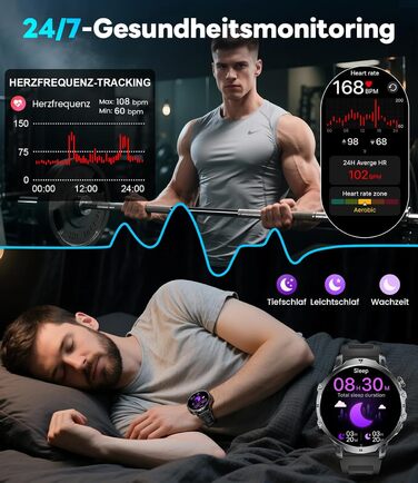 Розумний годинник LIGE Military для чоловіків (3 ремінці) - 1000 мАг/1,85 дюйма HD великий сенсорний екран/світлодіодна підсвітка, фітнес-годинник з понад 110 спортивними режимами, відстеження серцевого ритму/сну, спортивний годинник для iOS/Android, наси