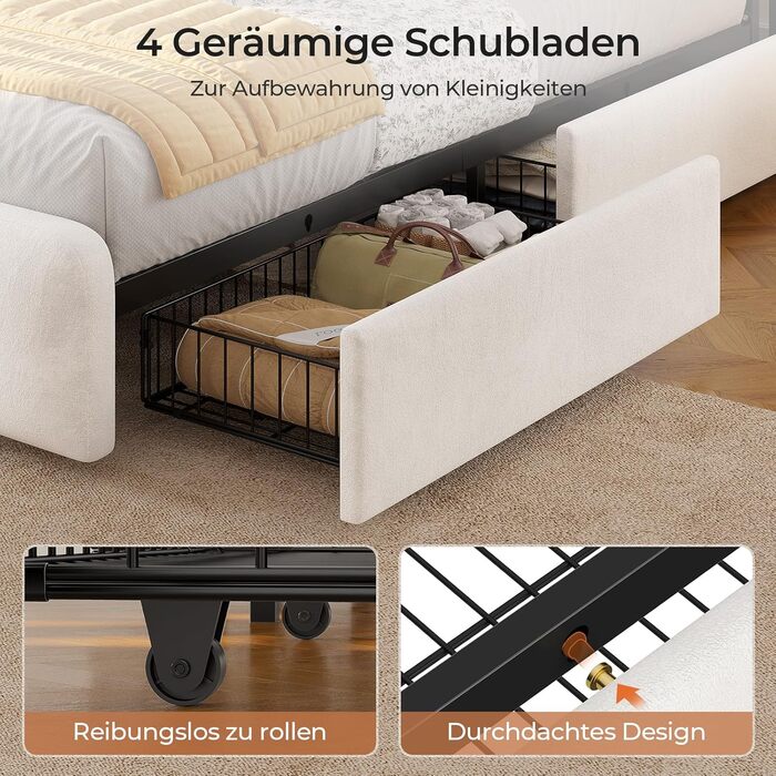 М&39яке ліжко 140x200 см з місцем для зберігання - 4 шухляди, Дитяче ліжко зі світлодіодним освітленням та зарядною станцією, Двоспальне ліжко з оксамитовим узголів&39ям, Ліжко 140x200 з рейковим каркасом - Матрац не входить до комплекту, Бежевий оксамит 