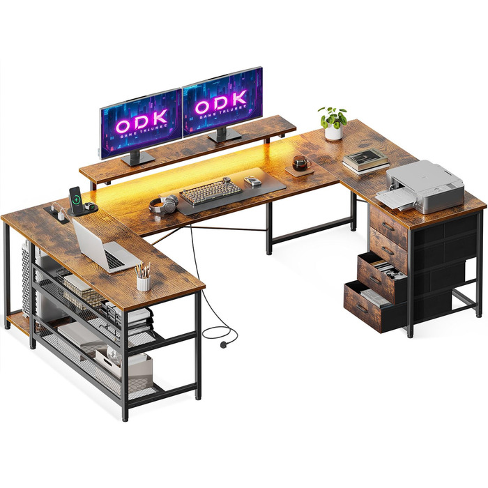 Кутовий стіл ODK з 4 шухлядами та місцем для зберігання, двосторонній кутовий стіл 167102 см з 2 розетками та 2 портами зарядки USB, ігровий стіл зі світлодіодним освітленням та підставкою для монітора для домашнього офісу, вінтажний коричневий