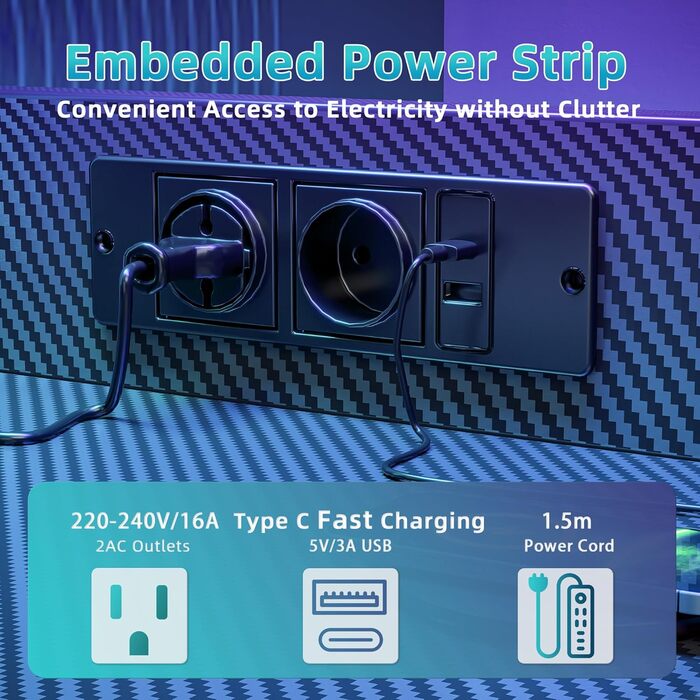 Ігровий стіл BEXEVUE LED 100x50 см з карбоновою стільницею, з шухлядою, кишенею та 2 гачками для навушників, комп&39ютерний стіл з розетками, чорний 100 x 50 см, чорний карбон