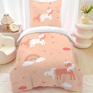Постільна білизна HOM Unicorn 135x200 для дівчаток - рожева райдужна постільна білизна для дітей - з наволочкою 80x80см 2 шт. Одно