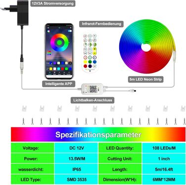 Неонова світлодіодна стрічка Calflux 5 м, гнучка неонова світлодіодна стрічка 12 В RGB, водонепроникна світлодіодна стрічка IP65 з пультом дистанційного керування, для внутрішнього зовнішнього декору