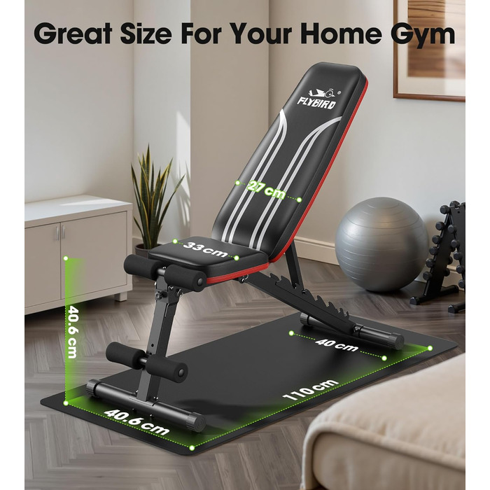 Багатофункціональна силова лава FLYBIRD, регульована спинка у 8 положеннях/регульована підставка для ніг у 3 положеннях, вантажопідйомність 300318 кг, складна тренувальна лава з нахилом 90 для домашнього спортзалу, чорно-червона