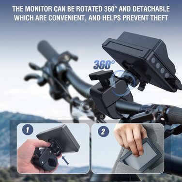 Велосипедне дзеркало PARKVISION із захистом від відблисків, камера заднього виду для велосипеда зі справжнім 4,3-дюймовим AHD 1080P монітором, регульованим поворотним затискачем на 360 з чудовим нічним баченням, дзеркало на кермі велосипеда