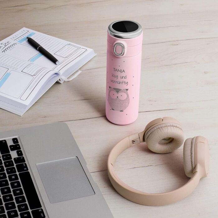 Термокружка Maverton з гравіюванням, 400 мл - Пляшка для води з нержавіючої сталі - зі світлодіодним дисплеєм температури - Герметична, 100 водонепроникна - Для жіночих днів народження - Рожева - Сова