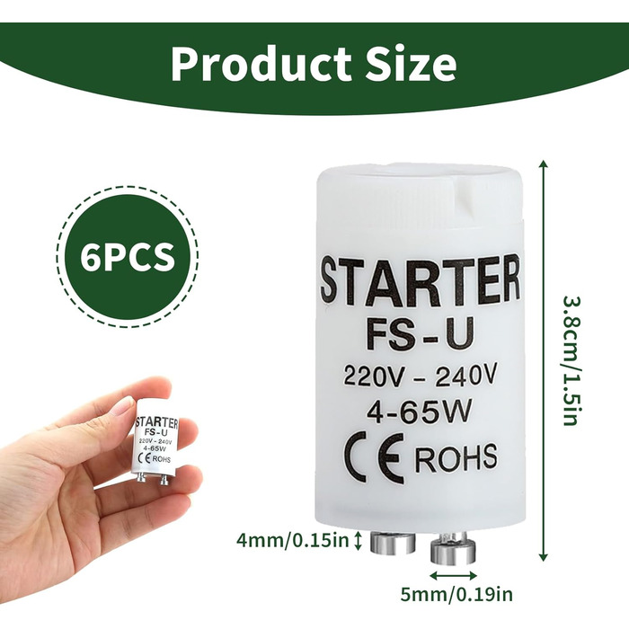 Пакет із 6 стартерів 4-65 Вт, люмінесцентна трубка, сумісна з лампами 4-65 Вт, стартер з тривалим терміном служби для ефективного та безпечного запалювання, 220-240 В, ідеальний для індивідуального перемикання люмінесцентних ламп