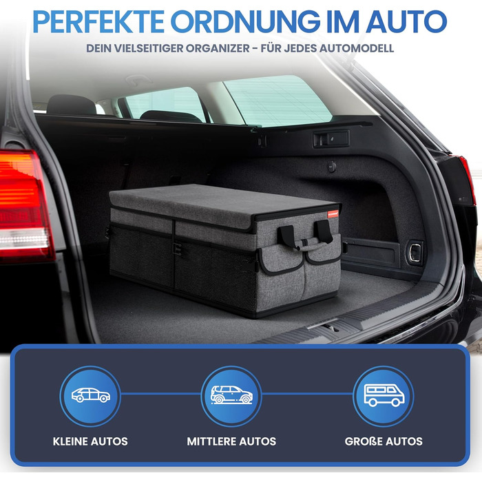 Органайзер для багажника преміум-класу HELDENWERK з кришкою міцний та нековзкий. Складаний органайзер для автомобіля великого розміру з подвійним дном. Чорно-сіра коробка для багажника з чорною облямівкою.