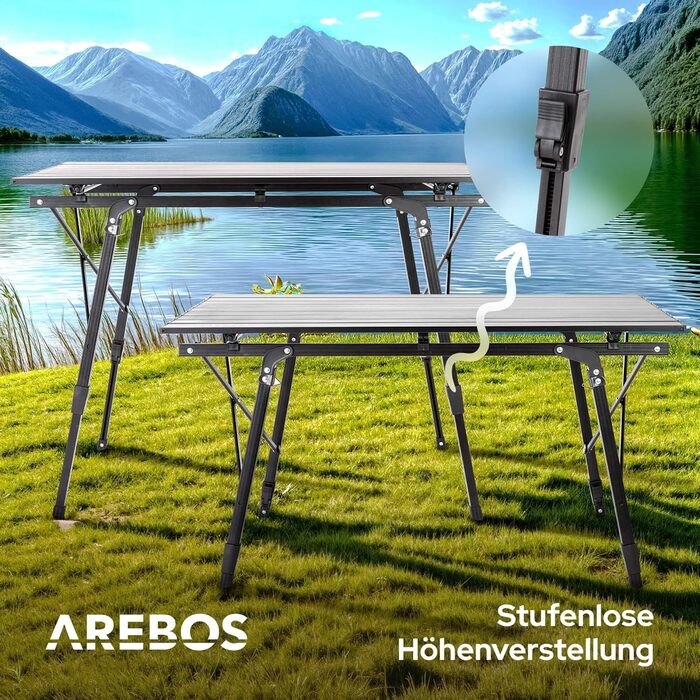 Складаний кемпінговий стіл Arebos 120 x 70 см Складаний стіл з регульованою висотою 58-78 см Аксесуари для кемпінгу, саду, барбекю, пікніка Складаний кемпінговий стіл Дорожній стіл з сумкою для перенесення Чорний