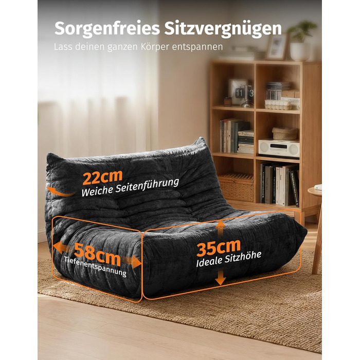Диван з пінопласту без кісток зручний підлоговий диван з ергономічним дизайном, не потребує складання, диван-мішок для вітальні, спальні, квартири, ігрової кімнати та офісу, чорний двомісний