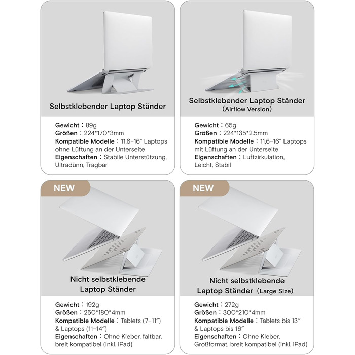 Підставка для ноутбука, складана, без клейкої основи, з 2 регульованими кутами нахилу, обтягнута екошкірою MOVAS. Портативна підставка для ноутбуків та планшетів 13 та 15. Чорний колір - великий розмір.