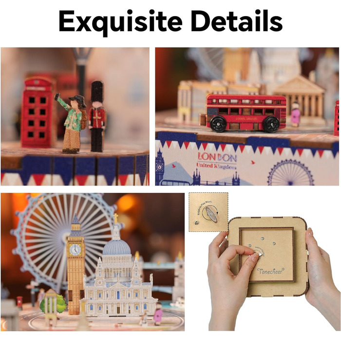 Музична скринька Tonecheer Дерев'яний 3D-пазл, набір моделей для сім'ї котів своїми руками для дорослих, обертова музична шкатулка, дерев'яні пазли Подарунки для прикраси будинку Подарунок на день народження Різдвяний підліток (Лондон)