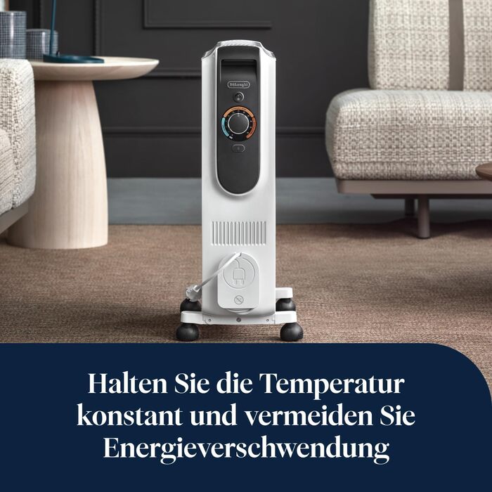 Масляний обігрівач De'Longhi Dragon EasyTronic (TRD50615) для приміщень до 45 м, електрообігрів з термостатом безпеки, 6 секцій, 12 рівнів температури, портативний, 1500 Вт, білий
