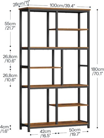 Книжкова полиця HOOBRO, окремостояча полиця з 4 регульованими ніжками, вертикальна полиця, офісна полиця, полиця для зберігання речей для вітальні та кабінету, 100 x 28 x 180 см, вінтажний коричневий та чорний EBF06SJ01
