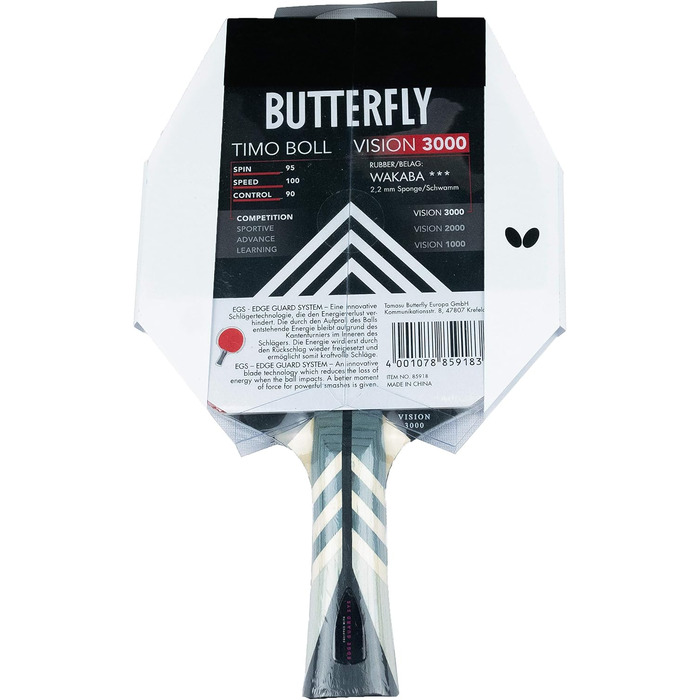 Ракетка для настільного тенісу Butterfly Timo Boll Vision 3000 Професійна ракетка для змагань з настільного тенісу для технічно просунутих гравців Сертифікована ITTF гума Wakaba Увігнута форма ручки, одинарна