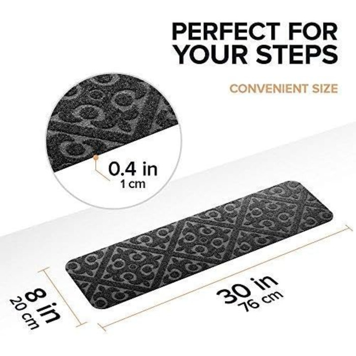 Килимові сходинки, нековзні, гумові, для використання всередині та зовні приміщень, нековзні, 20,3 x 76,2 см, сірі, 13 шт.