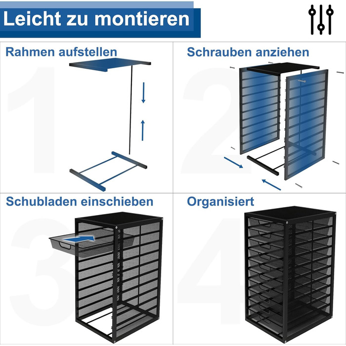 Коробка PUNCIA з шухлядами та 10 шухлядами, лоток для листів A4, лоток для документів з шухлядами, відділення для зберігання, металевий сортувальник паперу, органайзер для документів та паперу, офісний/стіл, чорний, 40,5 x 31,5 x 55 см