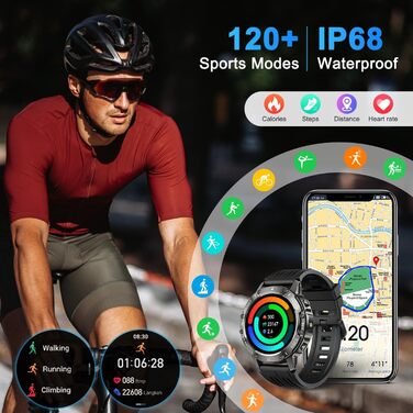 Військовий смарт-годинник для чоловіків з функцією телефону водонепроникний фітнес-трекер, смарт-годинник з Bluetooth-дзвінками та серцевим ритмом, монітором сну, крокоміром, спортивним годинником, Android/iOS, чорним