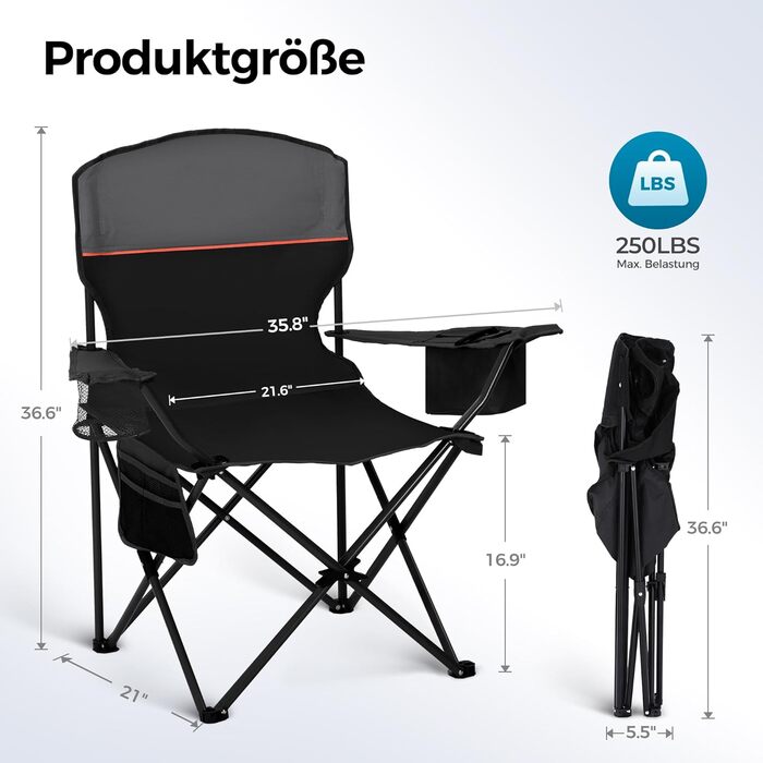Комплект із 2 предметів Складаний стілець Кемпінговий стілець Зручний рибальський стілець з тримачем для напоїв та відділенням для охолодження, вантажопідйомність до 120 кг, Складаний рибальський стілець Садовий стілець Крісло-відкидне крісло Чорний