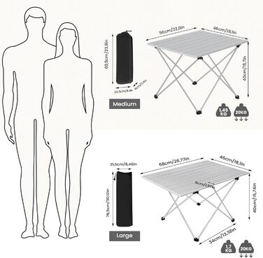 Алюмінієвий складаний кемпінговий стіл WOLTU, ультралегкий портативний з сумкою для перенесення, маленький дорожній столик, бічний столик для кемпінгу, пікніків, риболовлі на свіжому повітрі, 68 x 46 x 40 см, сріблястий
