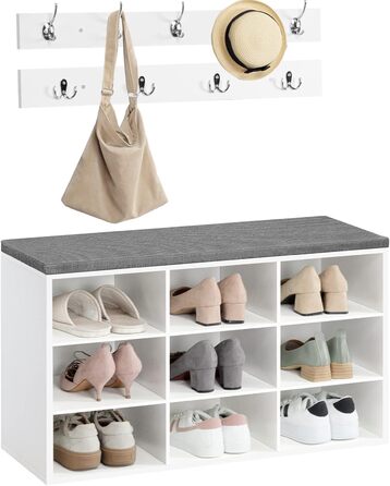 Комплект полиць для взуття HOOBRO, лава для взуття з 9 гачками, полиця для взуття з м&39якою лавкою, настінна вішалка для пальто з 9 гачками, шафа для взуття для коридору, вхідної зони, спальні, білий EWT89HX01 білий сірий 80 см x 30 см x 48 см (Д x Ш x В