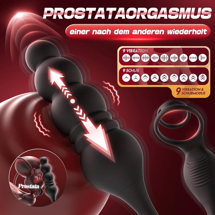 Анальний вібратор Tagnaff, для чоловіків з простатною стимуляцією, 9 режимів поштовхів і вібрації, з ерекційним кільцем, чорний, силікон